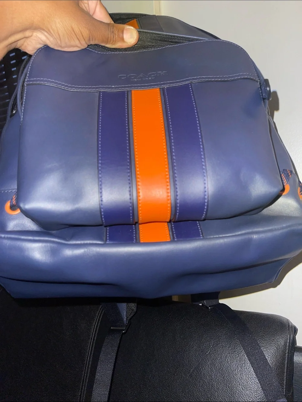 Coach Houston Backpack w/Baseball Stitch (Style F76868) Midnight Navy/Orange NWT